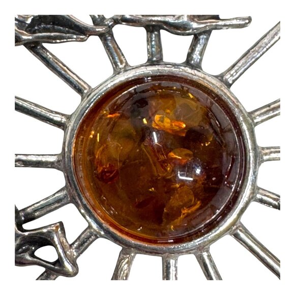 Mid Century Modern Sterling Silver & Amber Brooch Pin Sunburst Cranes Birds VTG - Picture 6 of 6